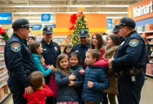 Police officers and families participating in a Shop with a Cop event