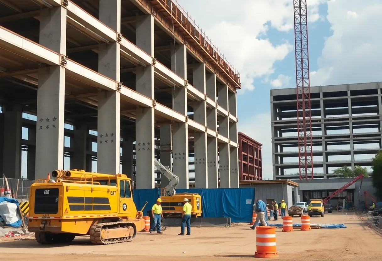 Construction site for SpaceX's parking garage expansion in Bastrop, Texas.