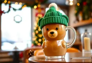 A bear-shaped Starbucks cold cup surrounded by festive decorations