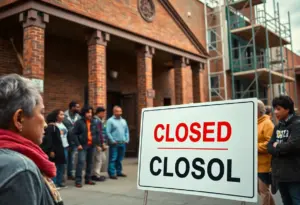Closed sign in front of Stephen F. Austin Elementary School with construction equipment in the background.