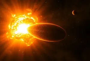 Visual of supernova SN 2024ggi with an elongated shape set in a cosmic background.