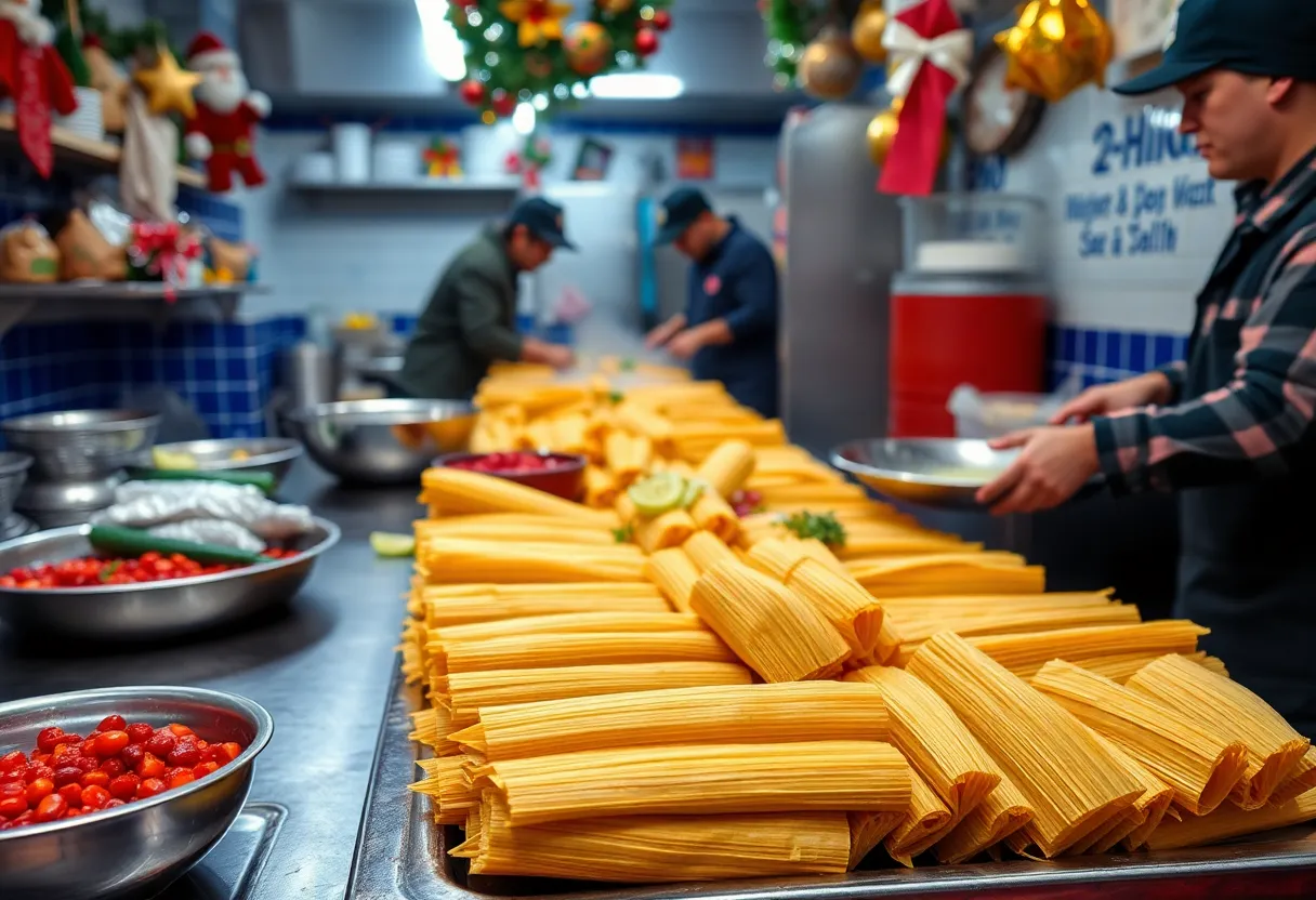Preparing tamales in a festive kitchen setting in Austin.