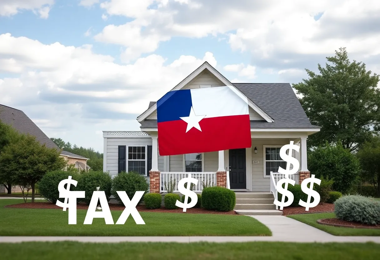 Illustration of a house with Texas flag and dollar signs for tax relief