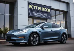 Tesla electric vehicle in front of a modern dealership with sales banners