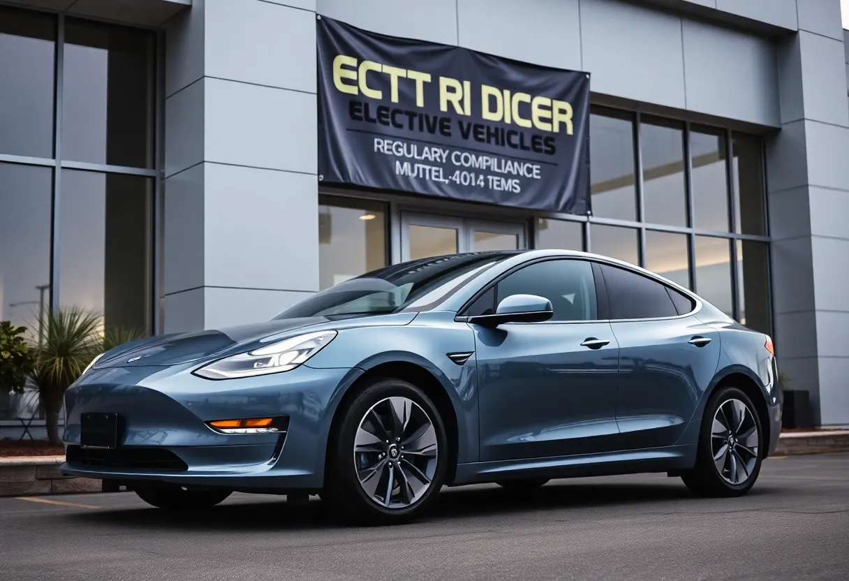 Tesla electric vehicle in front of a modern dealership with sales banners