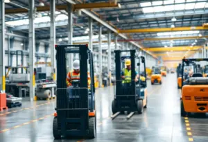 Industrial scene at Tesla Gigafactory with forklifts and safety warning signs