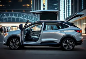 Tesla Model X with falcon wing doors open in a modern city environment