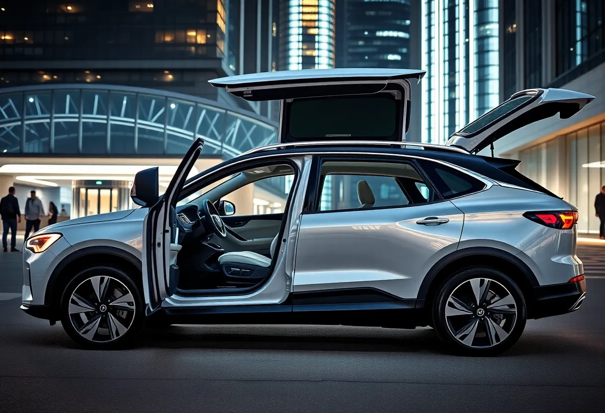 Tesla Model X with falcon wing doors open in a modern city environment