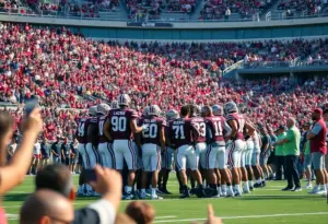 Texas A&M football team huddle in a stadium