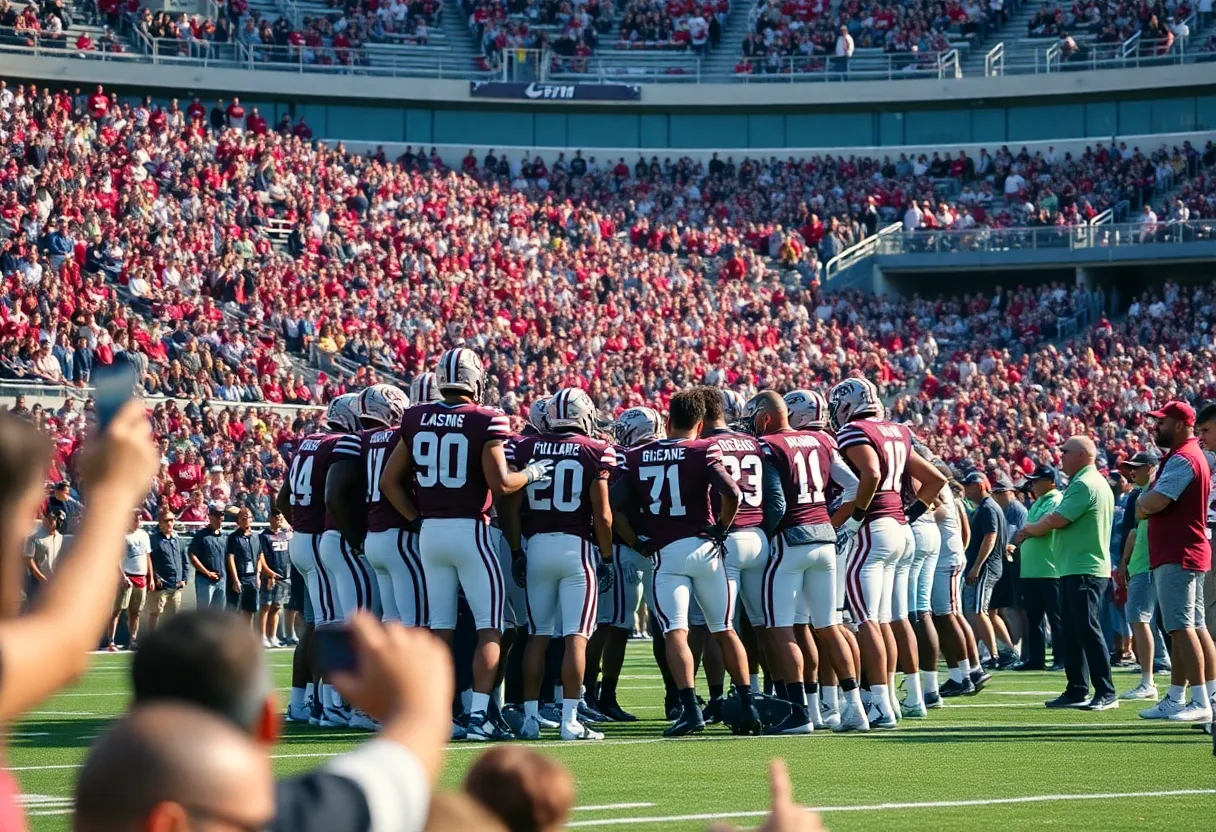 Texas A&M football team huddle in a stadium