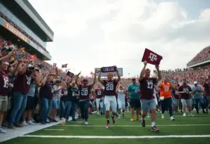 Football field scene with fans engaging at Texas A&M recruitment event