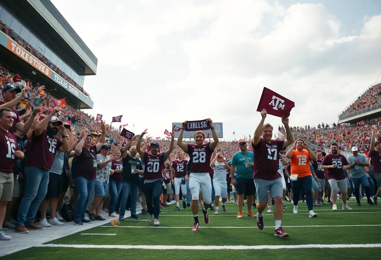 Football field scene with fans engaging at Texas A&M recruitment event