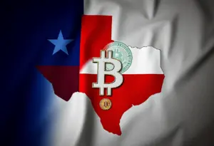 Artistic representation of Texas flag with cryptocurrency symbols.