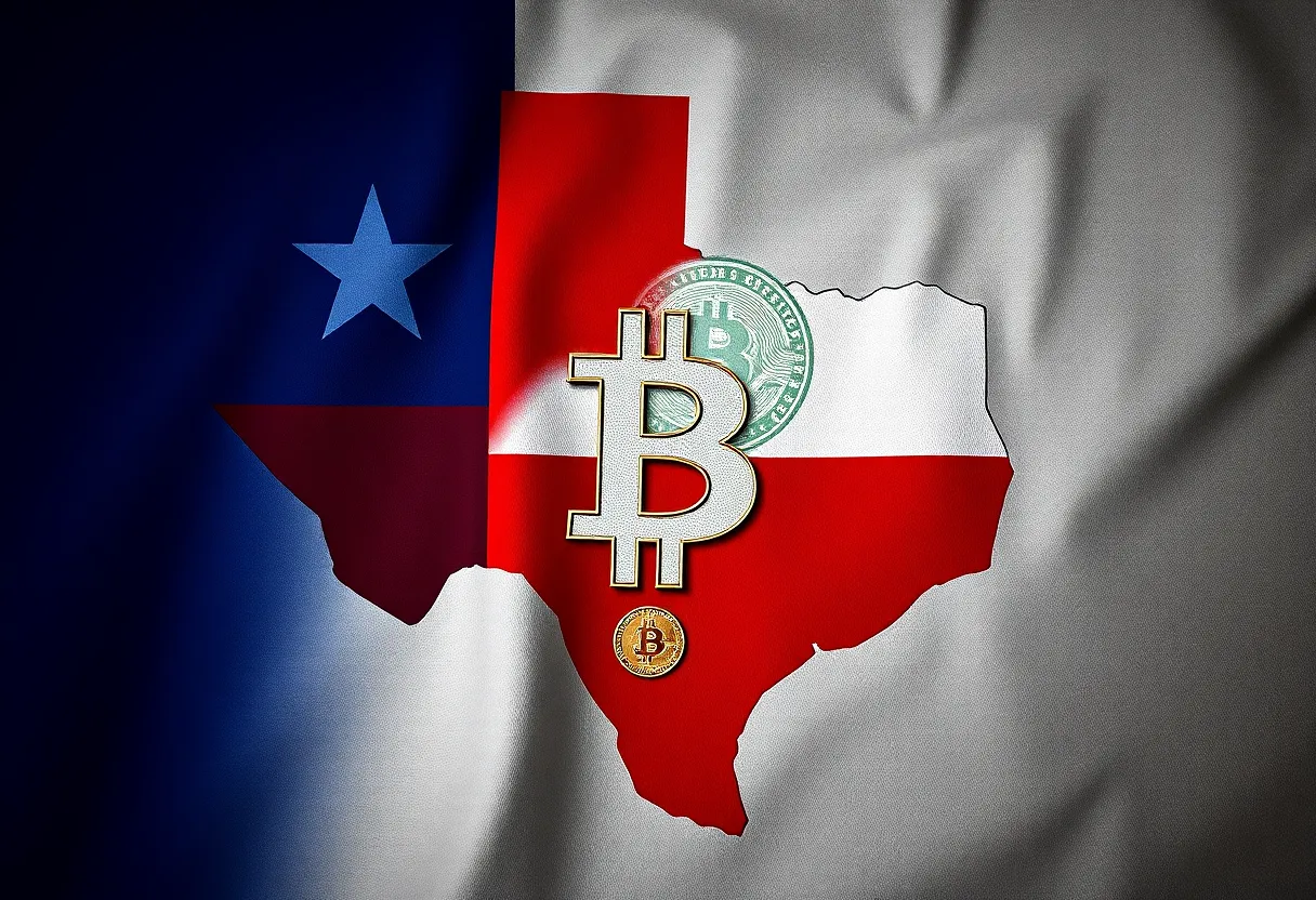 Artistic representation of Texas flag with cryptocurrency symbols.