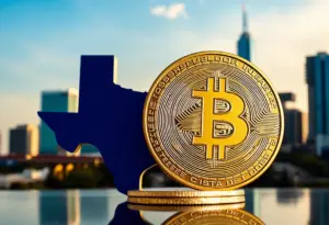 Texas landmark with Bitcoin symbol representing state investments in cryptocurrency.