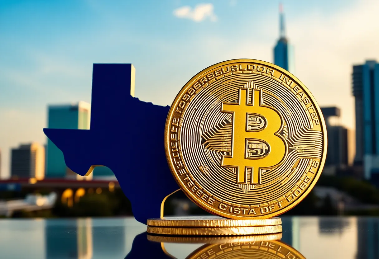 Texas landmark with Bitcoin symbol representing state investments in cryptocurrency.