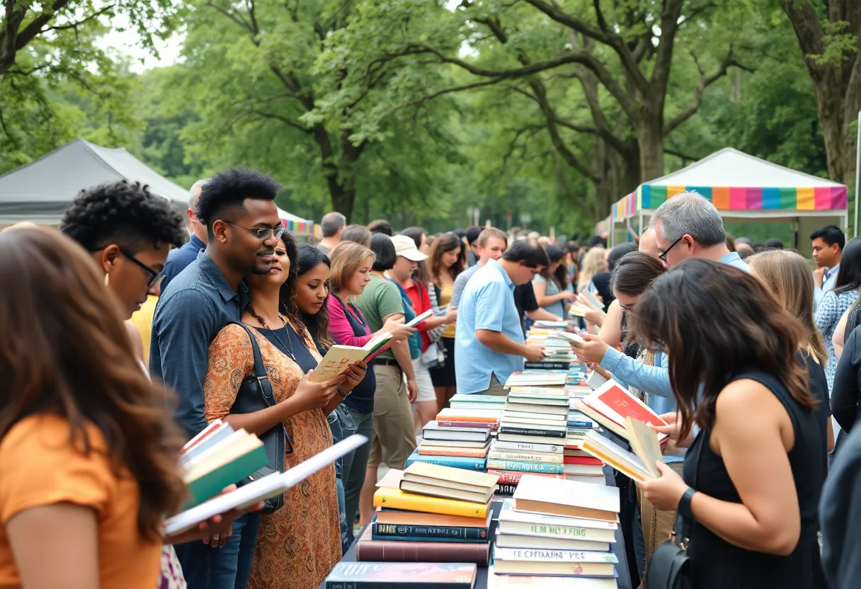 A lively Texas Book Festival showcasing authors and attendees engaging in literary activities.