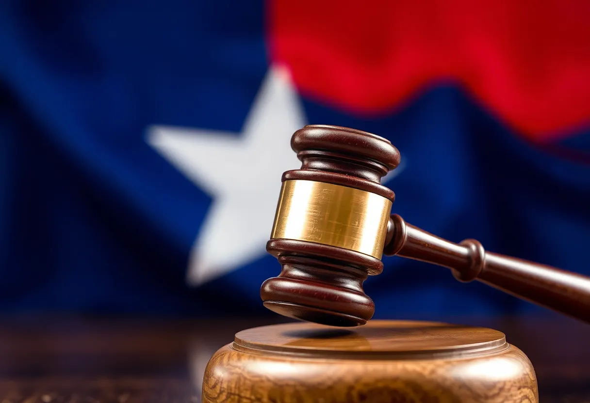 Conceptual illustration of law enforcement in Texas with justice symbols