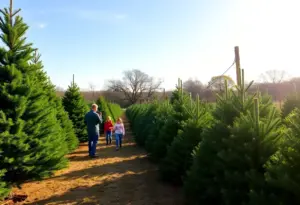 A lively Texas Christmas tree farm with families choosing trees under a bright sky.