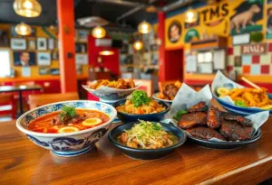 Delicious food representing Texas culinary scene, featuring ramen, fusion dishes, and barbecue.