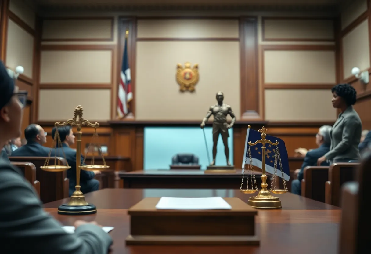 Courtroom depiction of legal challenge against Texas Governor.