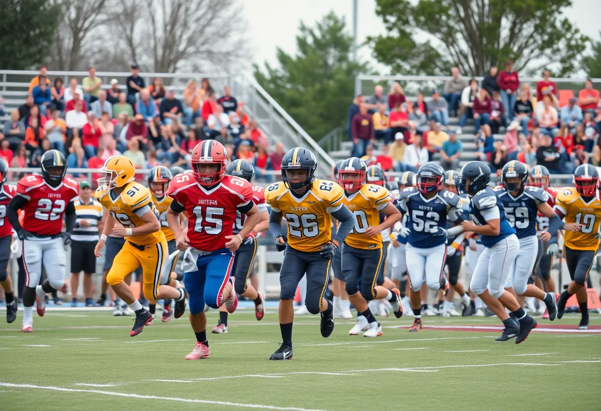 Players competing in a Texas high school football game