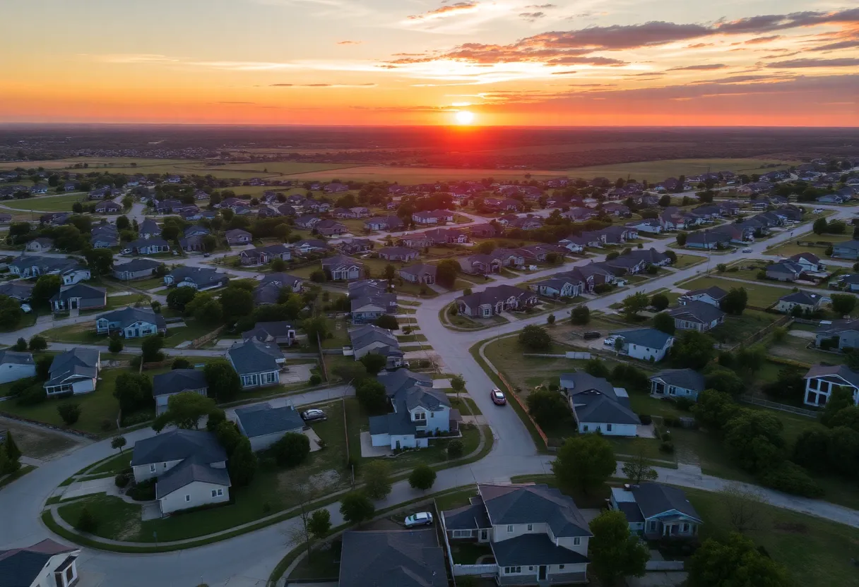 Aerial view of Texas residential neighborhoods during sunset
