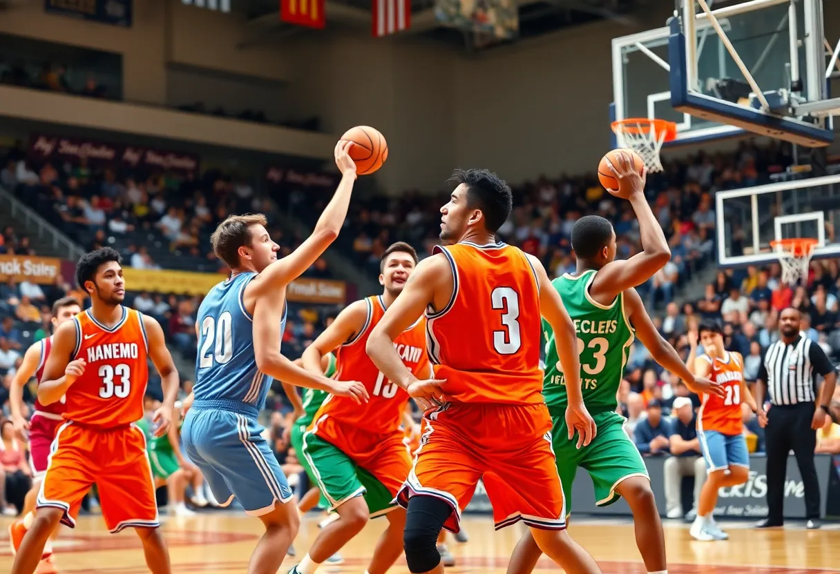 Texas Longhorns players celebrating in a victorious basketball game.
