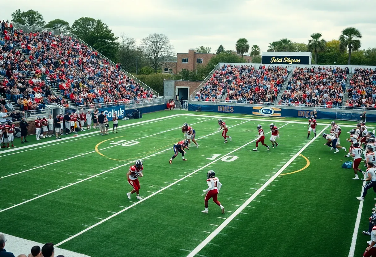Players from the Texas Longhorns football team on the field during a game.