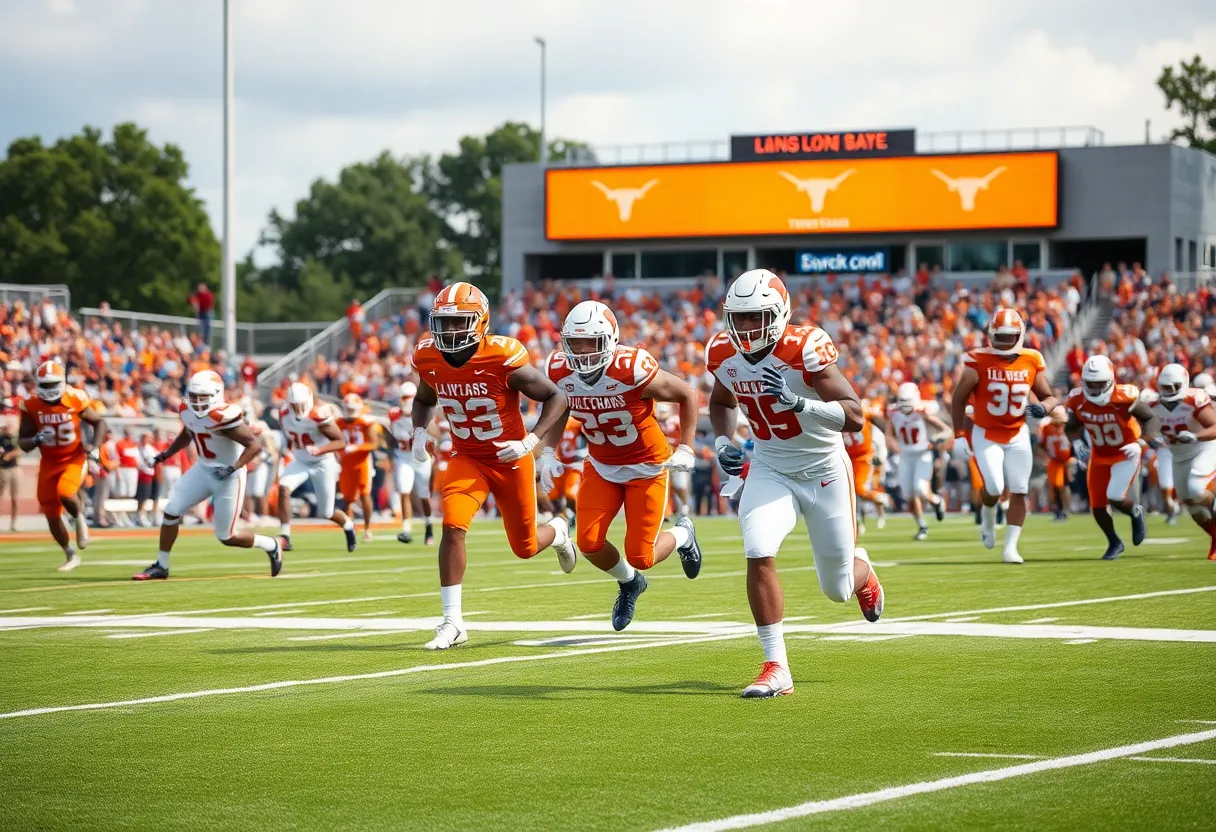 Texas Longhorns football players on the field during a game.