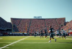Texas Longhorns football team training on a field.