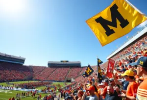 College football fans cheering at the Citrus Bowl, home team colors prominently displayed.
