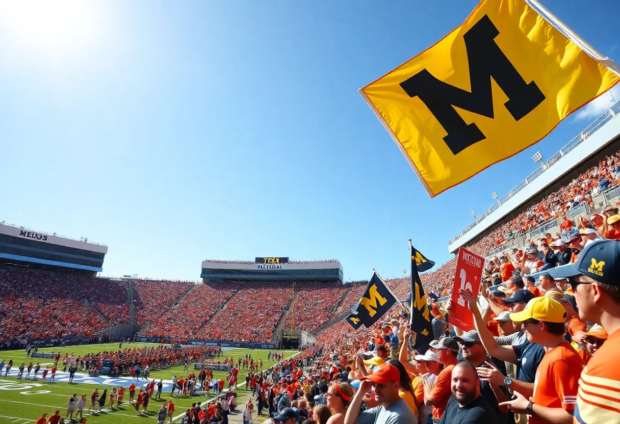 College football fans cheering at the Citrus Bowl, home team colors prominently displayed.
