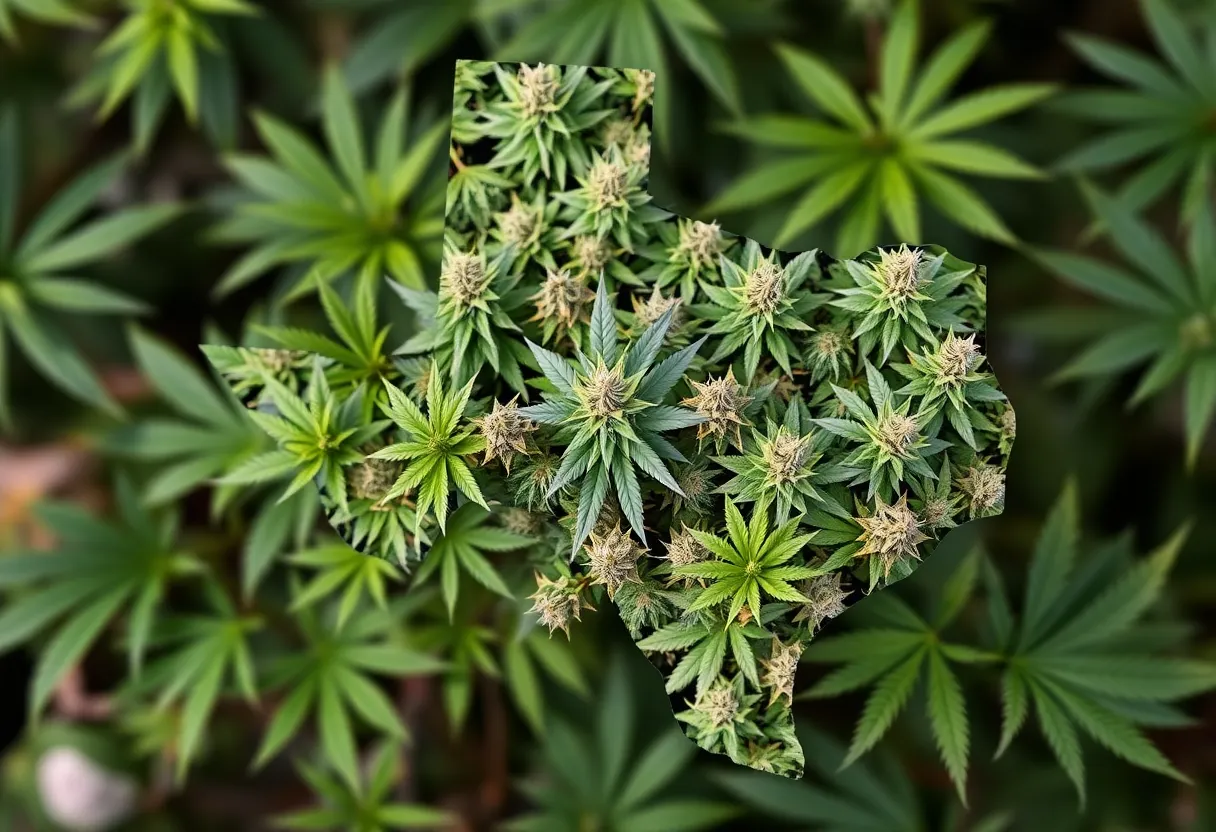 Artistic representation of Texas with cannabis plants, symbolizing the medical cannabis program expansion
