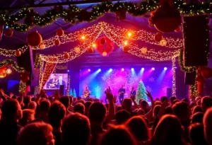 Crowd enjoying a holiday concert featuring Texas musicians