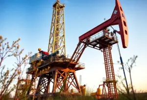 An oil rig operational in Texas showcasing the oil and gas industry.