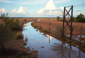 Texas landscape reflecting drought and flood conditions with symbols of border security