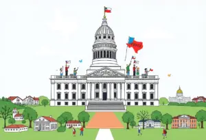 Texas State Capitol surrounded by symbols of voter participation, tax decisions, and community engagement.