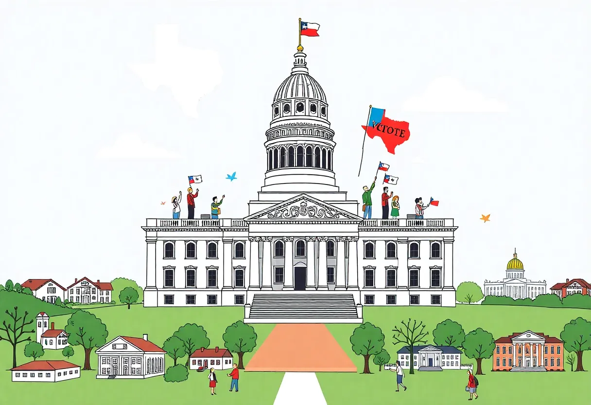 Texas State Capitol surrounded by symbols of voter participation, tax decisions, and community engagement.