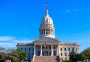 Aerial view of the Texas State Capitol surrounded by greenery and blue sky.