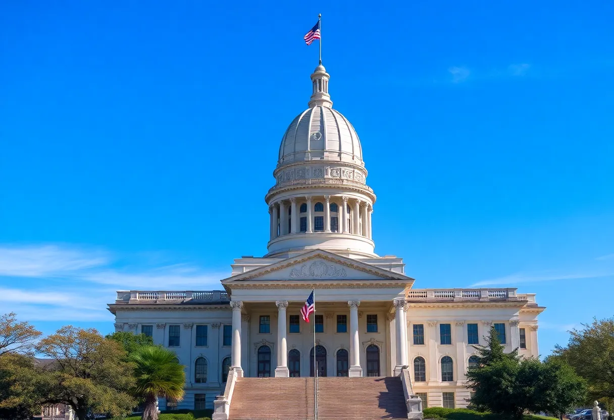 Aerial view of the Texas State Capitol surrounded by greenery and blue sky.