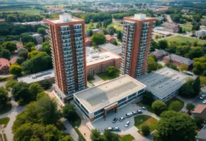 Aerial view of Texas State University's new housing complex with dormitory towers and dining hall.