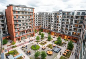 Architectural rendering of Texas State University's new housing complex