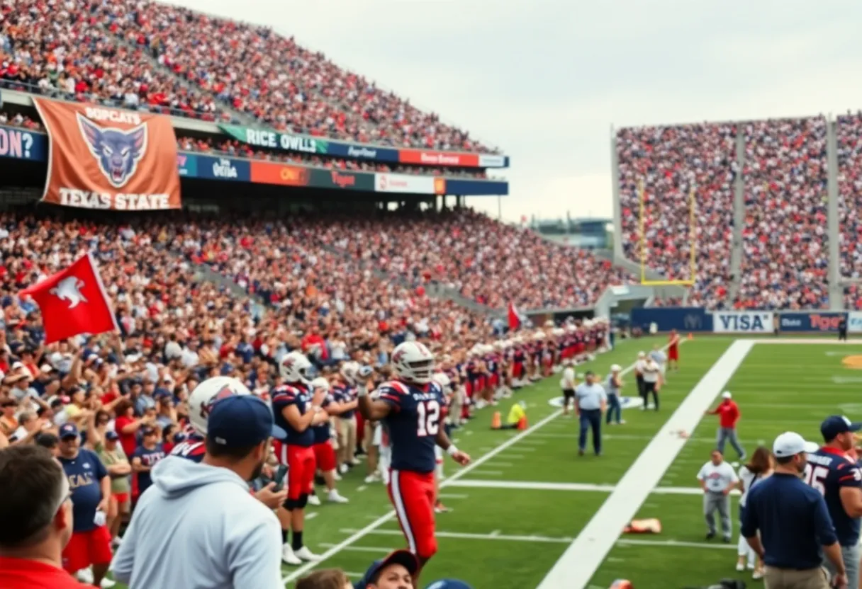 Texas State Bobcats competing against Rice Owls during the Armed Forces Bowl