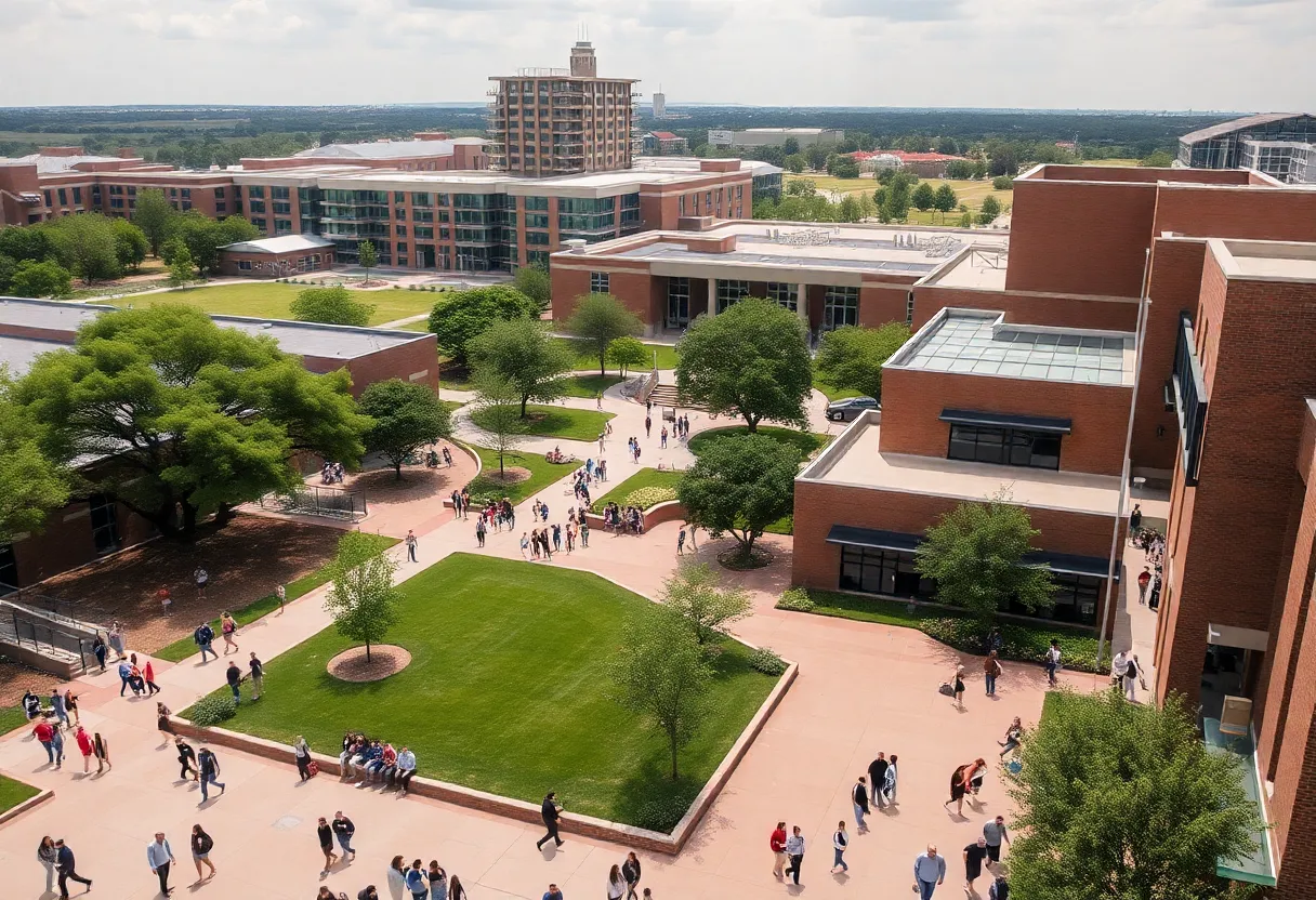 Busy Texas university campus with students