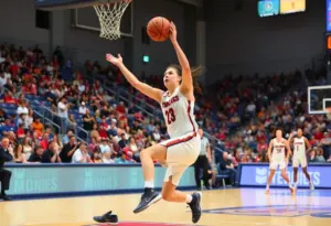 Action shot of a women's basketball game with players in motion on the court.