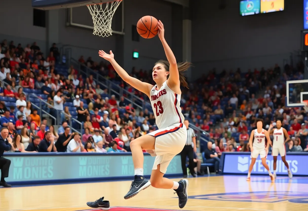Action shot of a women's basketball game with players in motion on the court.