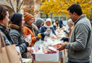 Volunteers distributing food to families during Thanksgiving