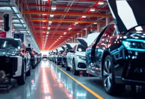 A high-tech automotive factory representing Toyota's digital transformation.