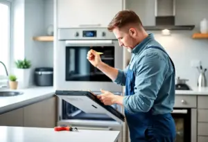 Technician repairing a high-end appliance in a kitchen